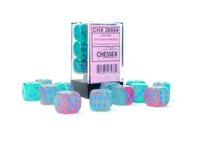 Chessex 16MM D6 Dice - Gemini Luminary - Gel Green-Pinke/blue