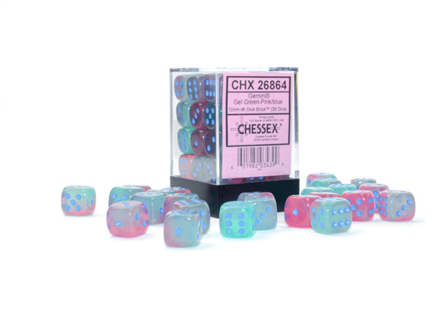 Chessex 12MM D6 Dice - Gemini Luminary - Gel Green-Pink/blue