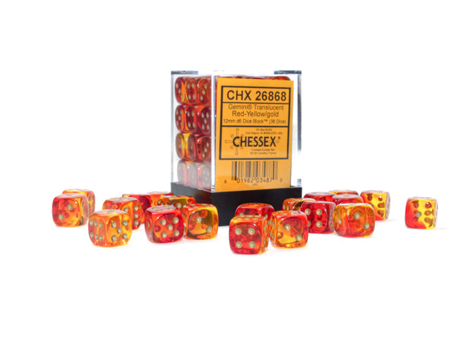 Chessex 12MM D6 Dice - Gemini Translucent - Red-Yellow/Gold