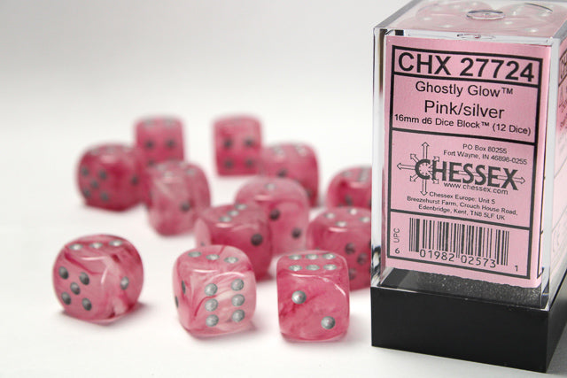 Chessex 16MM D6 Dice - Ghostly Glow - Pink/silver