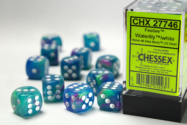 Chessex 16MM D6 Dice - Festive -  Waterlily/white
