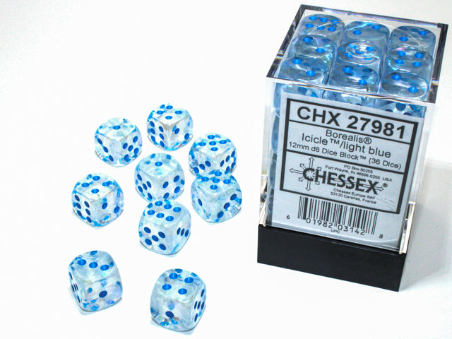 Chessex 12MM D6 Dice - Borealis - Icicle/Light Blue Glow in the Dark