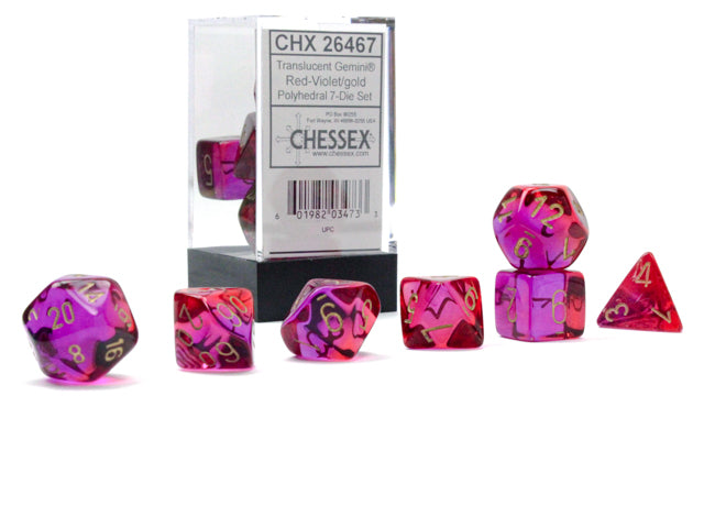 Chessex 7-Die Set - Gemini Translucent - Red-Violet/gold | Mothership Books and Games TX