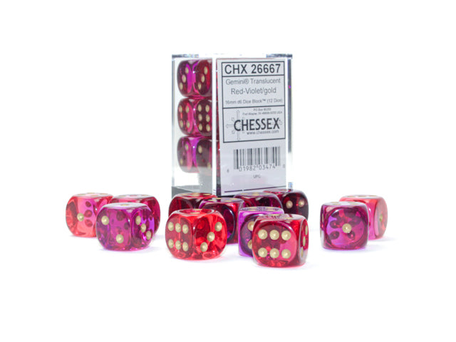 Chessex 16MM D6 Dice - Gemini Translucent - Red-Violet/Gold