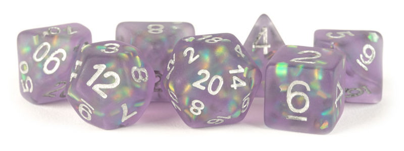 16mm Resin Poly Dice Set: Purple with Silver Numbers